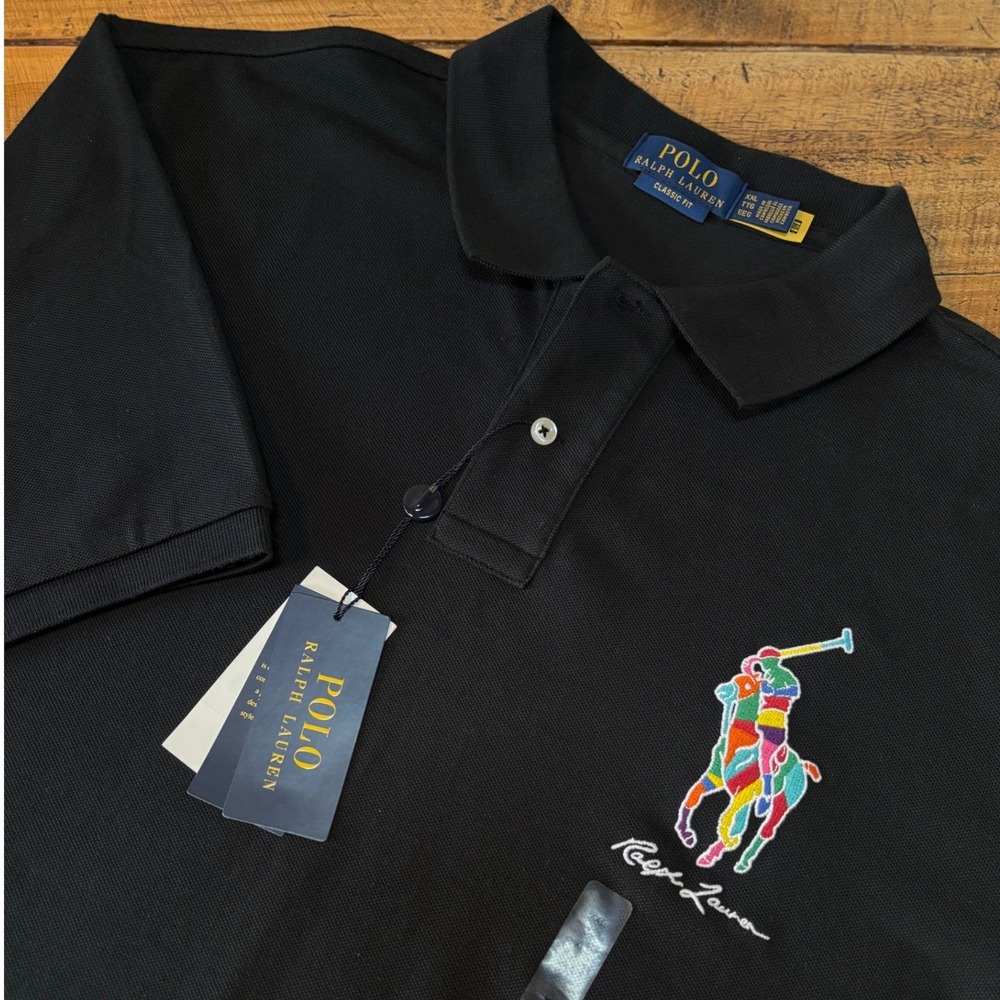 NWT Polo Ralph Lauren Mens Black Big Pony Multi Color Embroidered Polo Shirt XXL